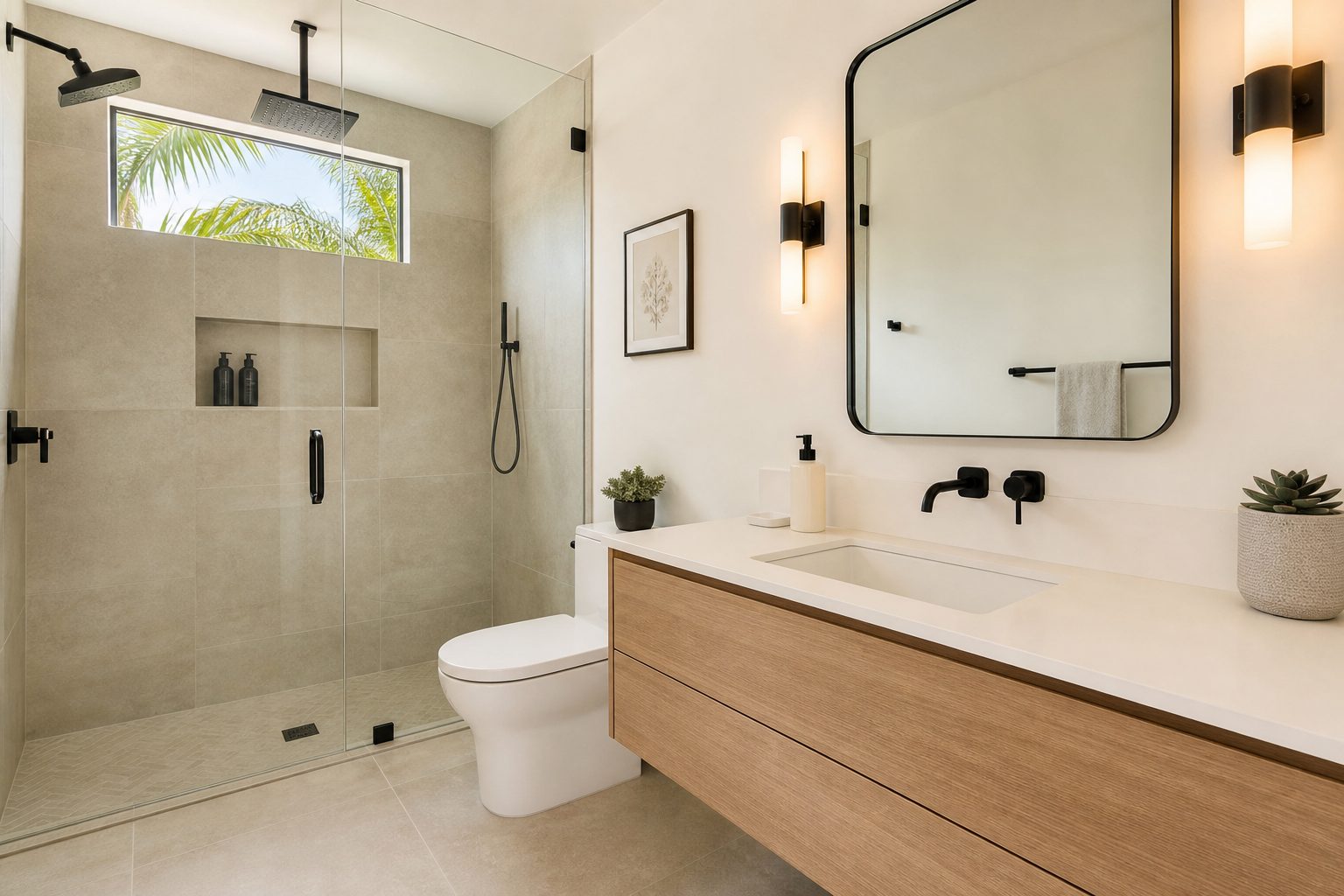 Concept image of a remodeled bathroom with a tiled walk-in shower