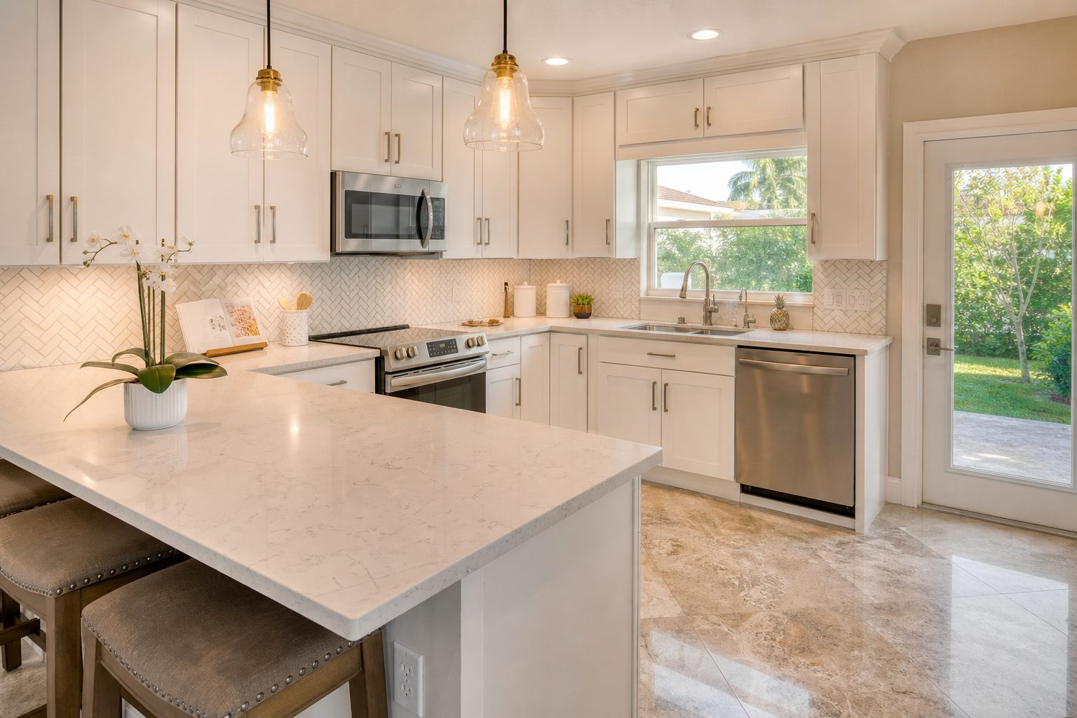 Concept image of a remodeled South Florida kitchen with white shaker cabinets and quartz counters